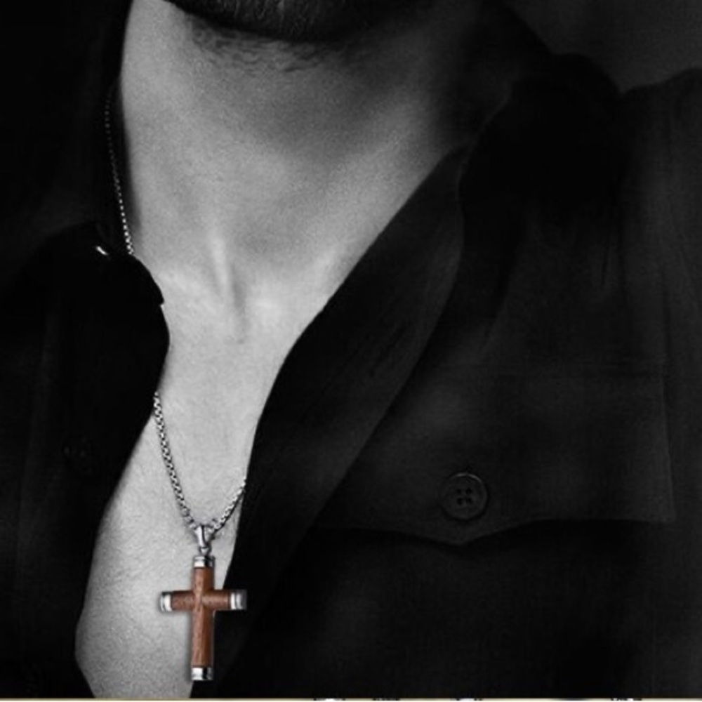 Mens Cross Pendant Necklace in Rosewood and Stainless Steel Crucifix 24 inch
